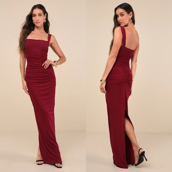 Lulus Dresses & Skirts - Lulus Amazing Presence Burgundy Mesh Ruched Column Maxi Dress S Wedding Party